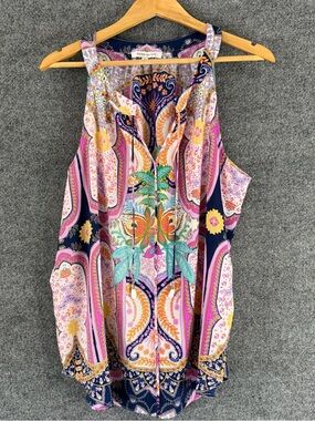 Rose+ Olive Womens Floral Boho Tank Top Size XL Tassel Tie Sleeveless Blouse